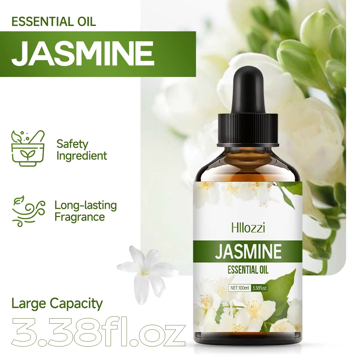 Jasmine Essential Oil for Body Massage, Aromatherapy Diffuser, Facial Skin Care, Spa, Long-Lasting Fragrance.