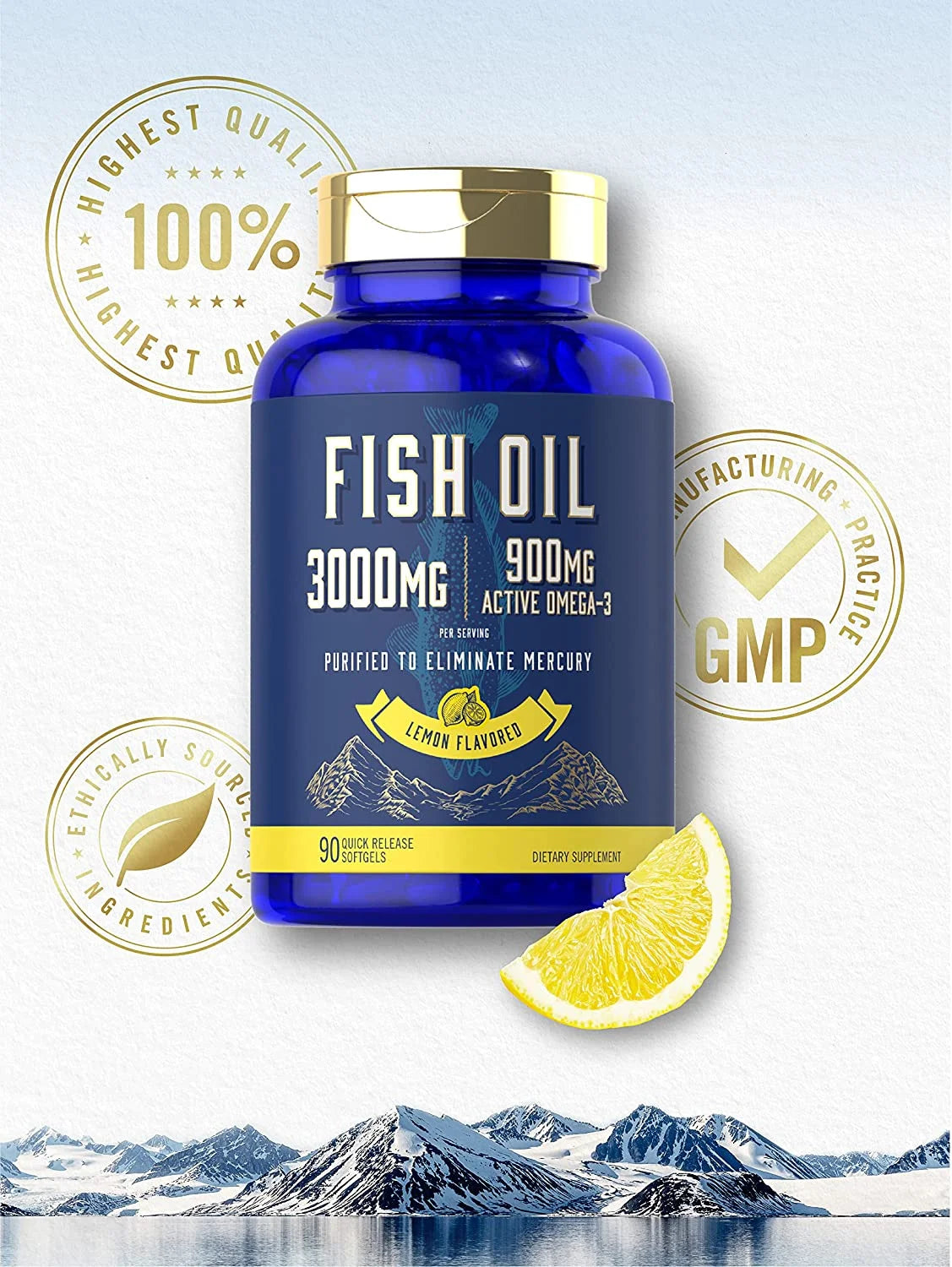 Fish Oil 3000Mg | 900Mg Omega 3 | 90 Softgels | Lemon Flavor | Non-Gmo and Gluten Free Supplement