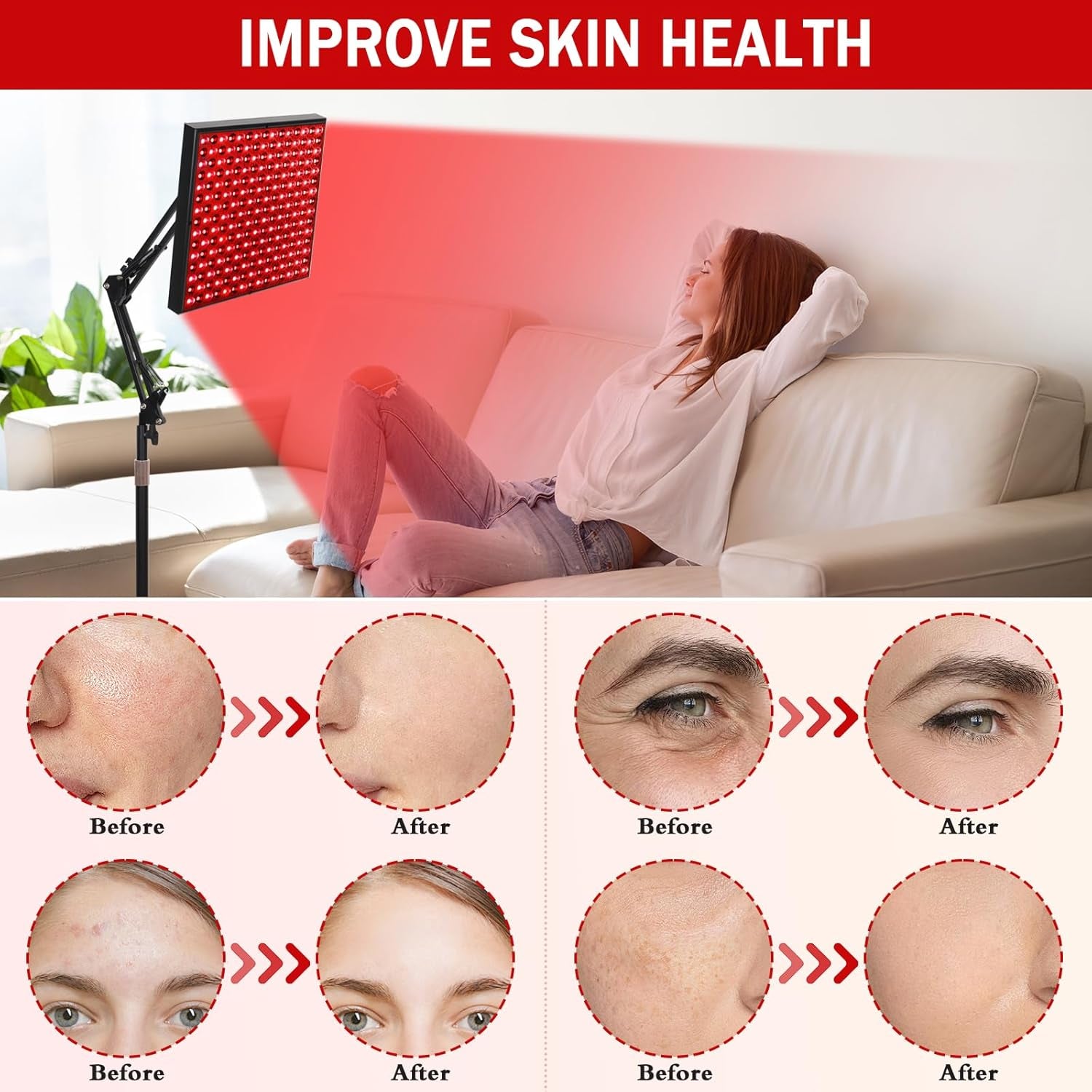 12.2" Squard Red Light Therapy for Face and Body, Adjustable Height Stand, 660Nm Red Light Therapy & 850Nm Infrared Light Therapy Device, Skin