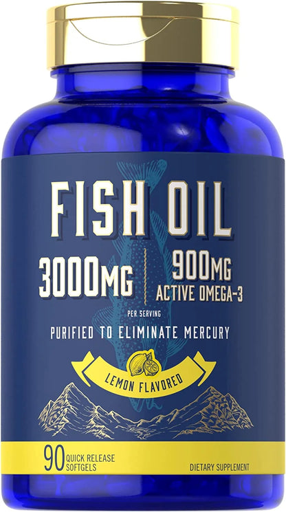 Fish Oil 3000Mg | 900Mg Omega 3 | 90 Softgels | Lemon Flavor | Non-Gmo and Gluten Free Supplement