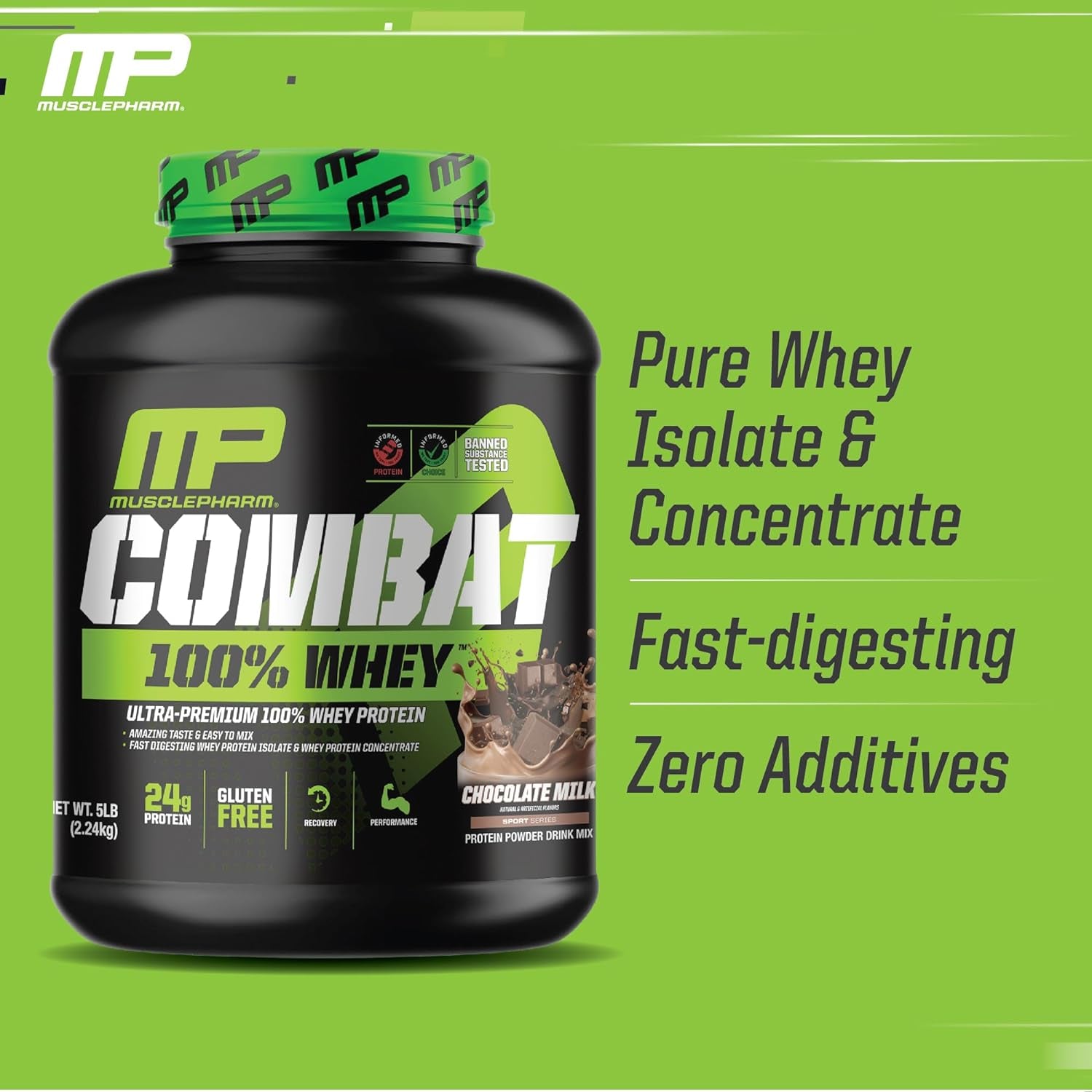 Combat 100% Whey Protein Powder, Chocolate Milk, Fast Recovery & Muscle Gain with Whey Protein Isolate, High Protein Powder for Women & Men, Gluten Free, 5 Lb, 70 Servings