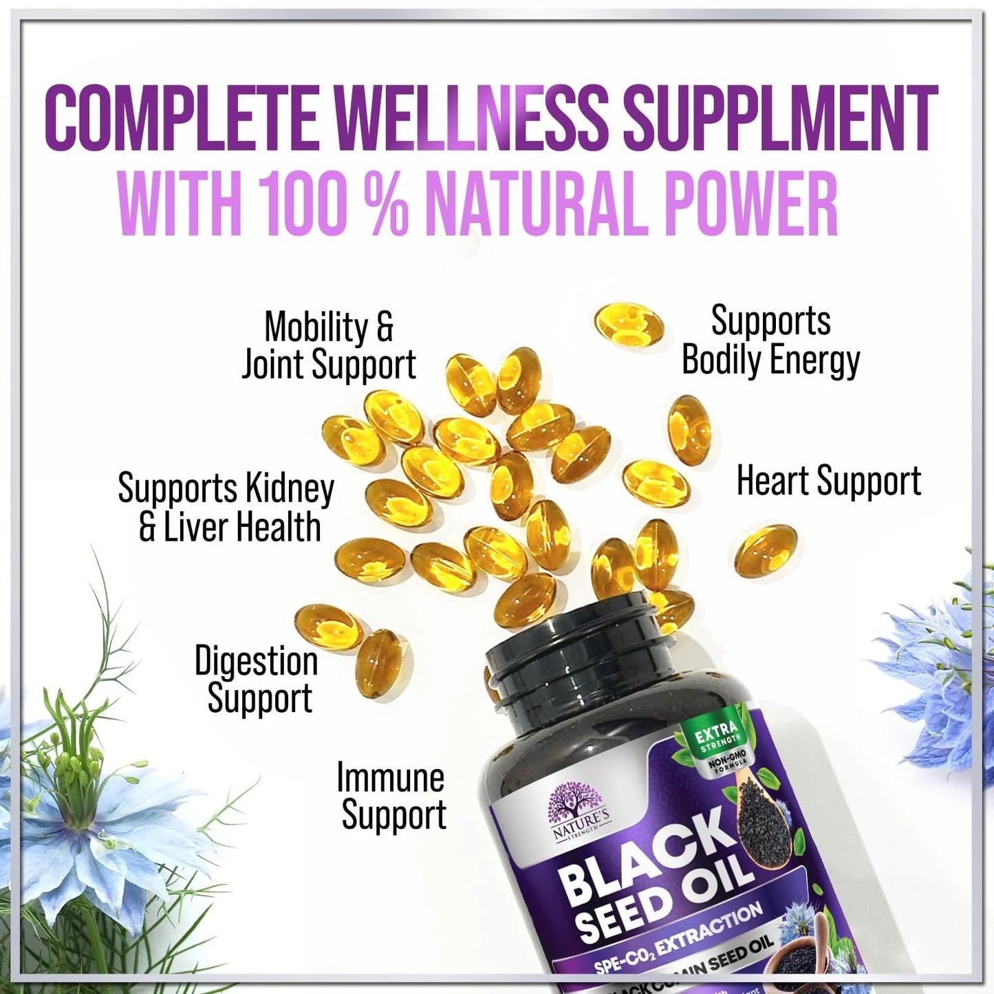 Black Seed Oil Liquid Capsules 1000Mg - Nigella Sativa for Joint, Hair, Skin & Immune Support, Best Extraction above Cold Pressed Blackseed Oil, Pure Black Cumin Seed Oil Vegan, Non-Gmo - 60 Softgels