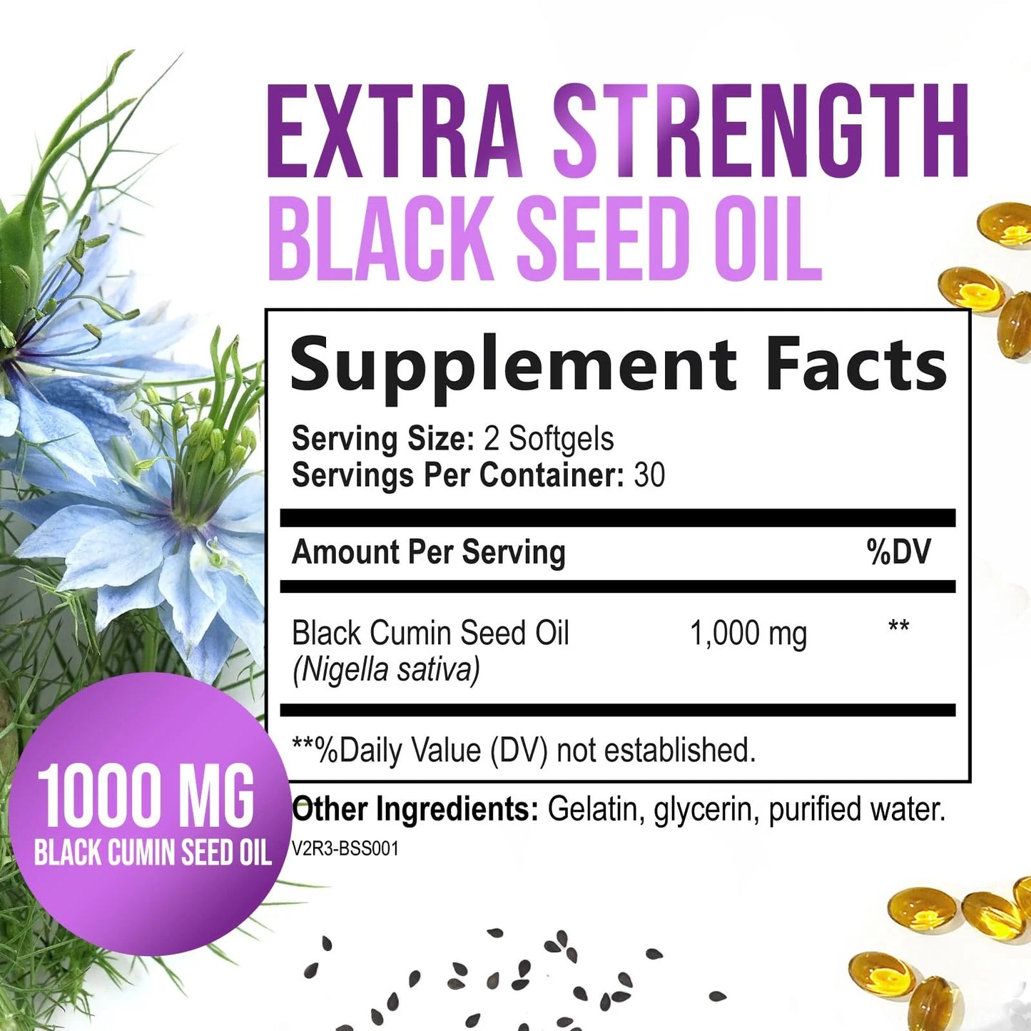 Black Seed Oil Liquid Capsules 1000Mg - Nigella Sativa for Joint, Hair, Skin & Immune Support, Best Extraction above Cold Pressed Blackseed Oil, Pure Black Cumin Seed Oil Vegan, Non-Gmo - 60 Softgels