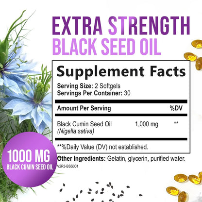 Black Seed Oil Liquid Capsules 1000Mg - Nigella Sativa for Joint, Hair, Skin & Immune Support, Best Extraction above Cold Pressed Blackseed Oil, Pure Black Cumin Seed Oil Vegan, Non-Gmo - 60 Softgels