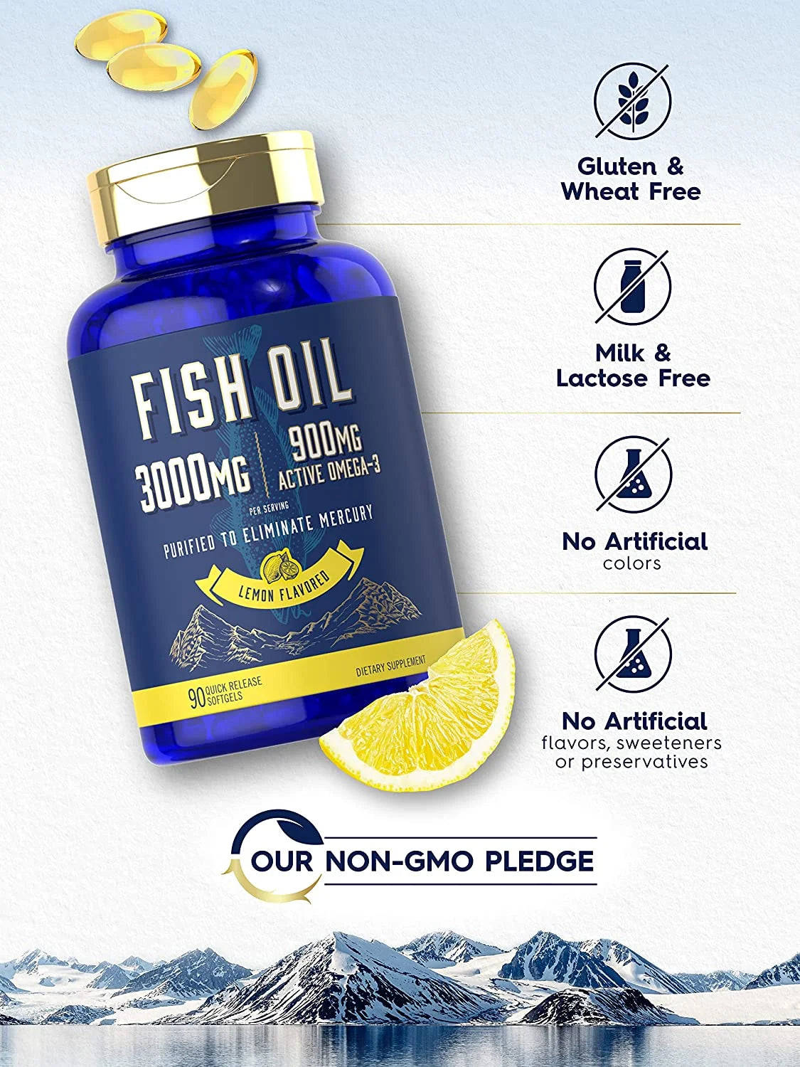 Fish Oil 3000Mg | 900Mg Omega 3 | 90 Softgels | Lemon Flavor | Non-Gmo and Gluten Free Supplement