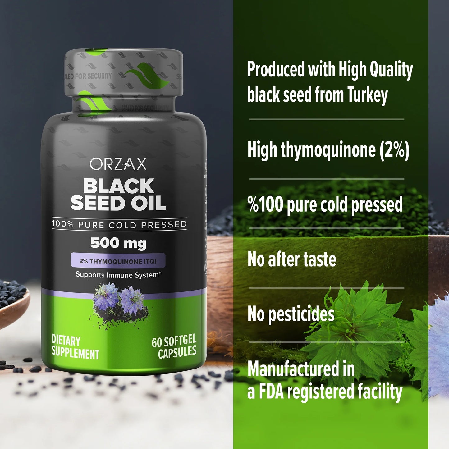 500 Mg Mg Black Seed Oil Organic Cold Pressed Capsules with 20Mg Thymoquinone for Immune Support, Good Hair, Skin, and Joints (60 Soft Gel Capsules)