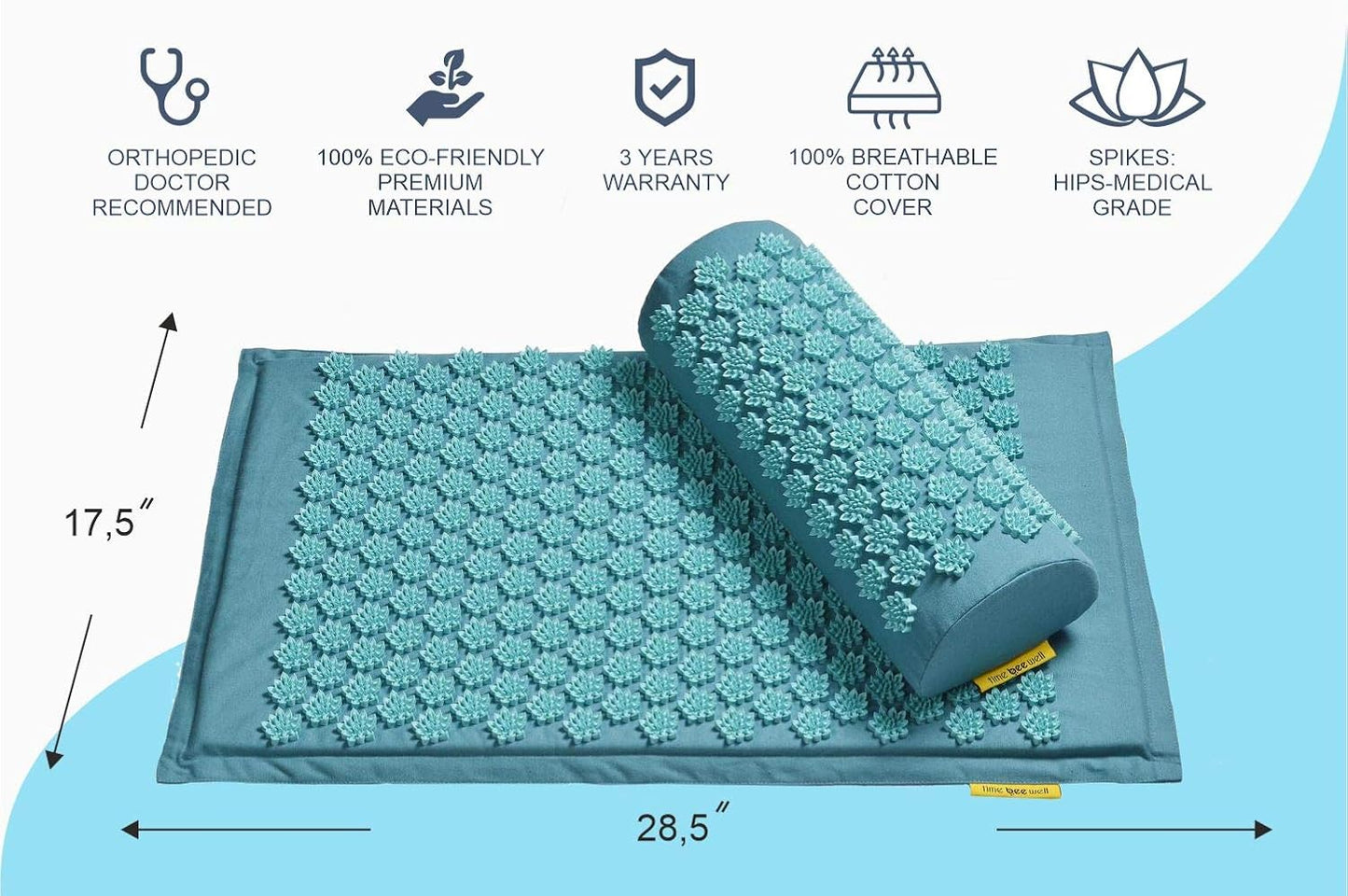 Eco-Friendly Back and Neck Pain Relief - Acupressure Mat and Pillow Set - Relieves Stress, Back, Neck, and Sciatic Pain - Comes in a Carry Bag for Storage and Travel (Turquoise)