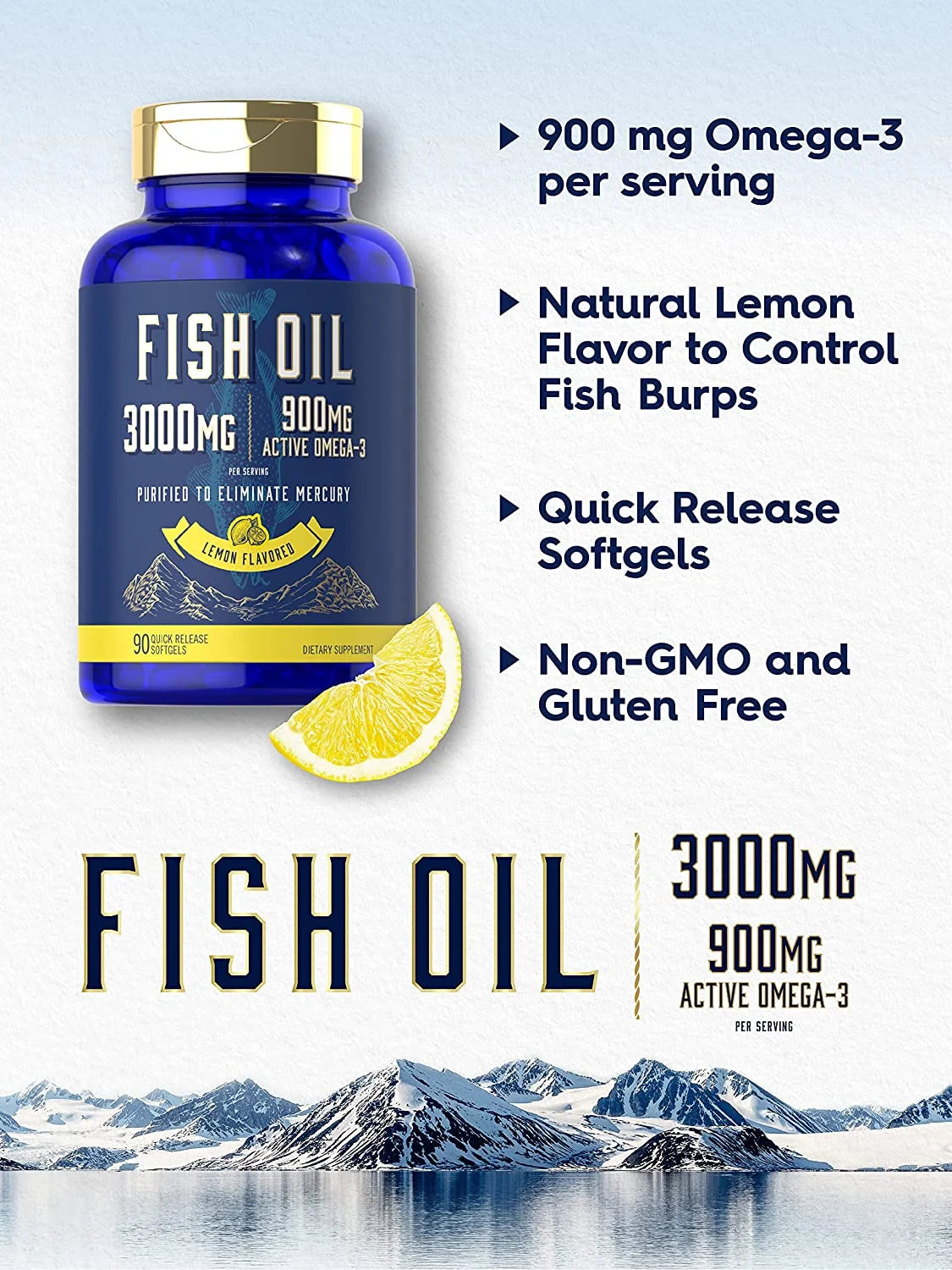 Fish Oil 3000Mg | 900Mg Omega 3 | 90 Softgels | Lemon Flavor | Non-Gmo and Gluten Free Supplement