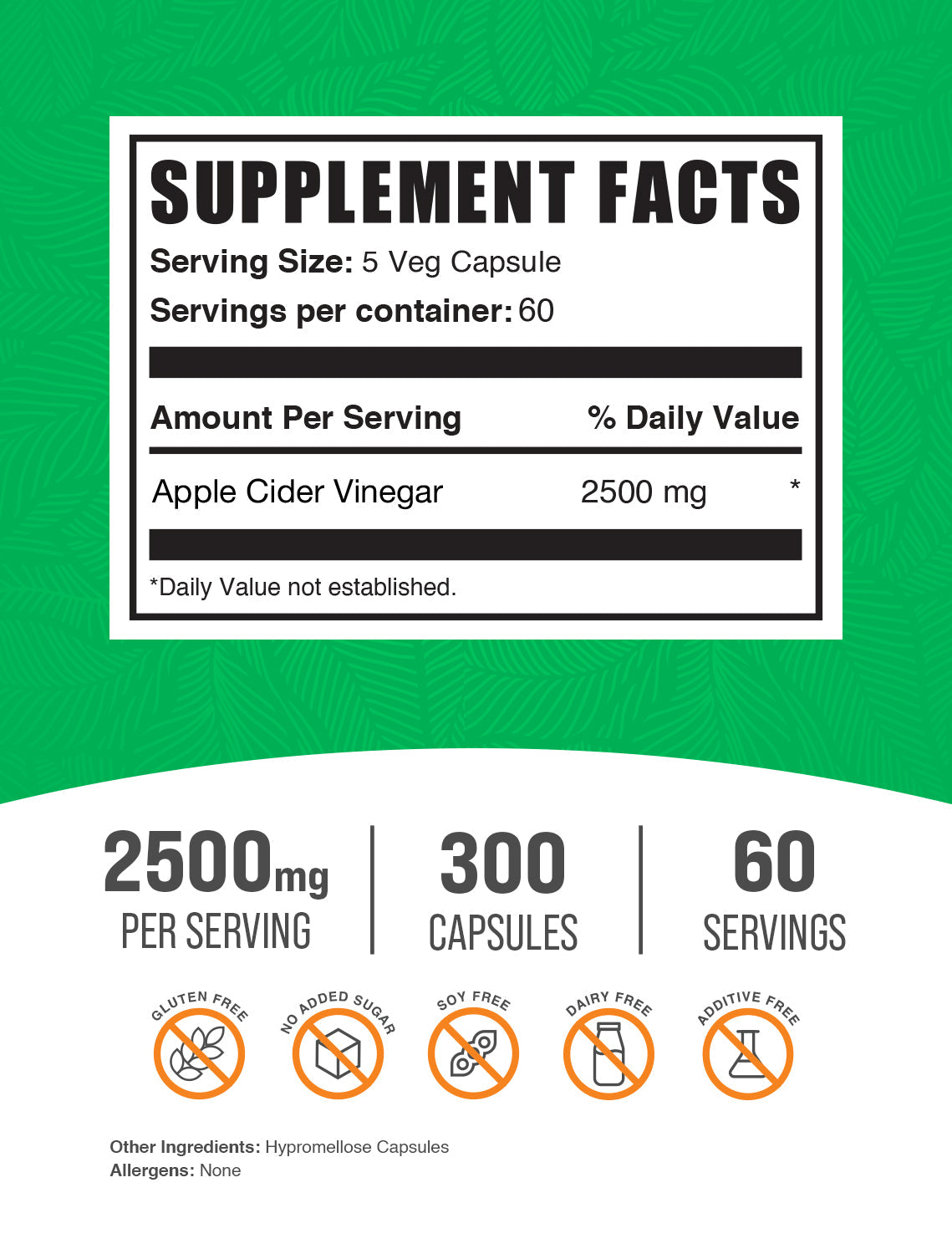 Bulksupplements Apple Cider Vinegar Capsules - 2500Mg per Serving (300 Capsules - 60 Servings)