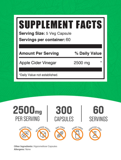 Bulksupplements Apple Cider Vinegar Capsules - 2500Mg per Serving (300 Capsules - 60 Servings)