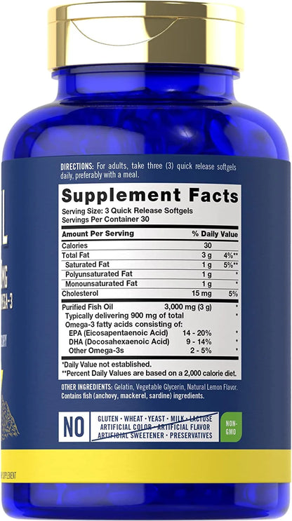 Fish Oil 3000Mg | 900Mg Omega 3 | 90 Softgels | Lemon Flavor | Non-Gmo and Gluten Free Supplement