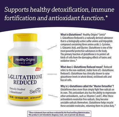 L-Glutathione (Setria) Reduced, 500 Mg - Immune Support Supplement - Collagen & Antioxidant Support - Gluten-Free Supplement - 150 Veggie Capsules